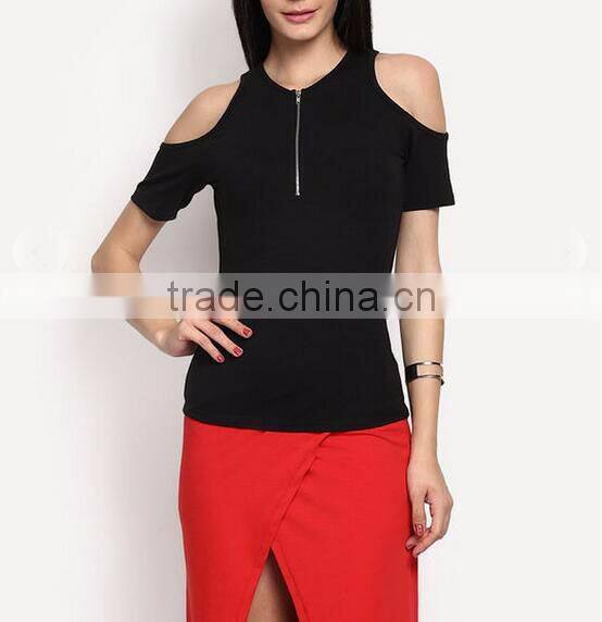 Blank cold shoulder t-shirt women clothes fittes zipper up t shirt