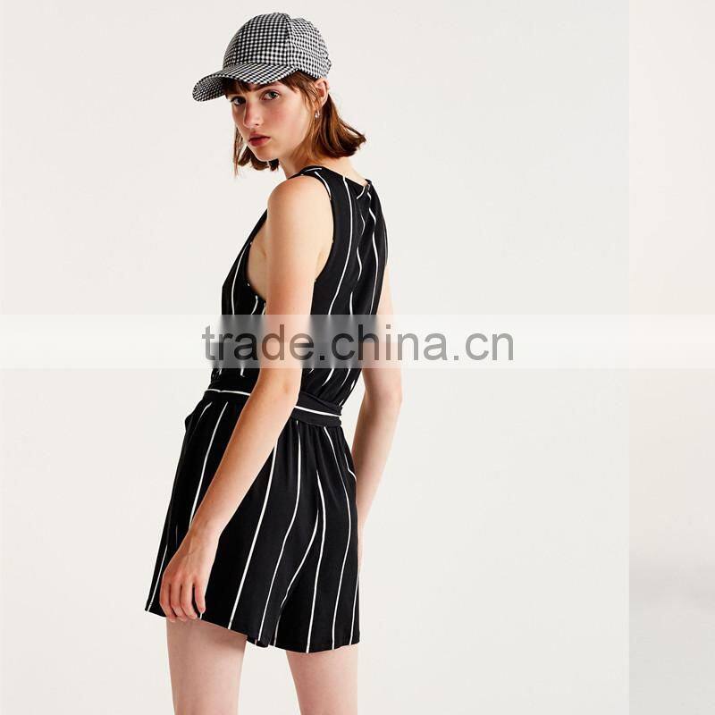 2017 hot sale V-neck short women cotton striped jumpsuit