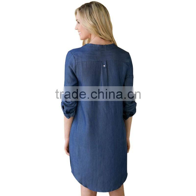 Fashion denim tops women dress with pure color long sleeve cowboy dress for women 2017