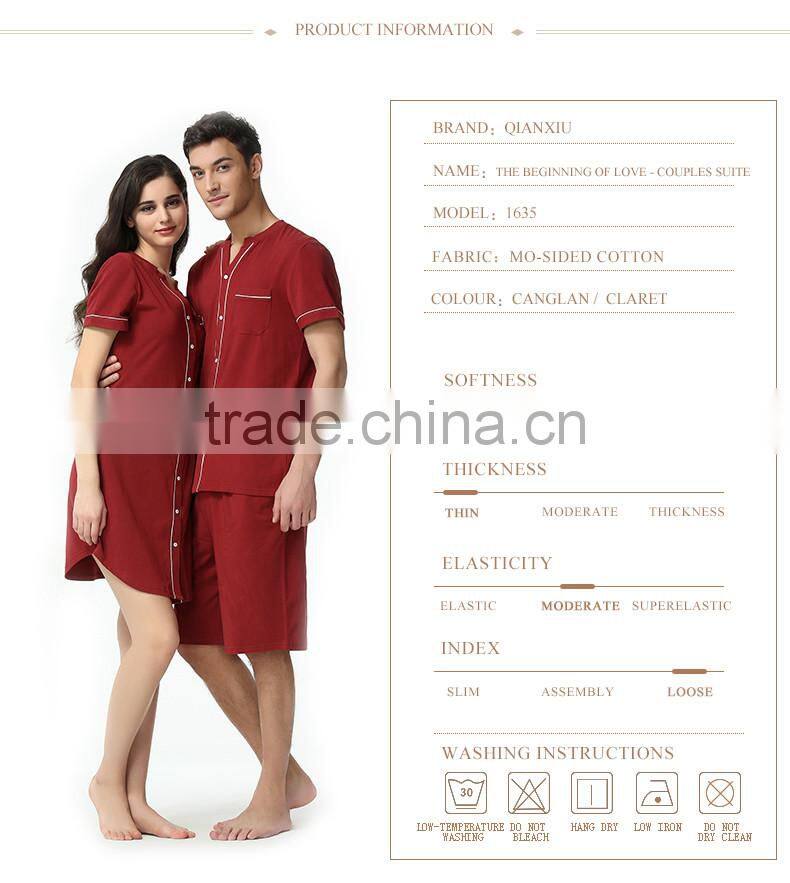 Logo printed Qianxiu Men Women Red Navy Blue Placket Short Sleeved Sexy Nighty for Honeymoon