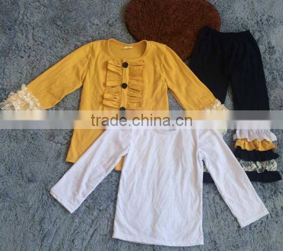 Latest design 2016 fashion girls floral print bib dsess sets wholesale children boutique clothes puffy babys stripe ruffle pant