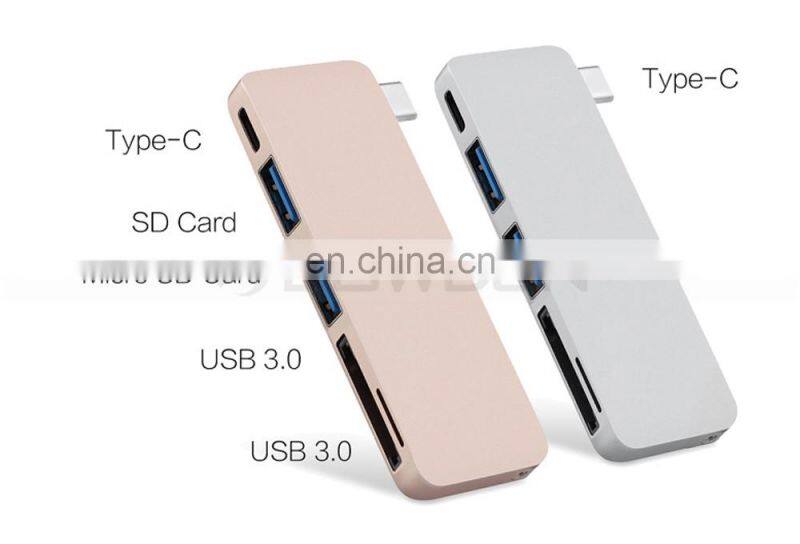 Aluminum Multi-Port Adapter Type-C USB 3.0 5 in 1 Combo Hub with USB-C Charging Port,2 USB 3.0 Ports, SD/Micro Card Reader