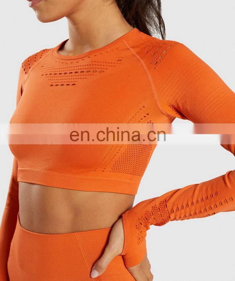 Long Sleeve Running Shirts & Full Length Gym Fitness Tights set womens seamless Crop Top Gym yoga set