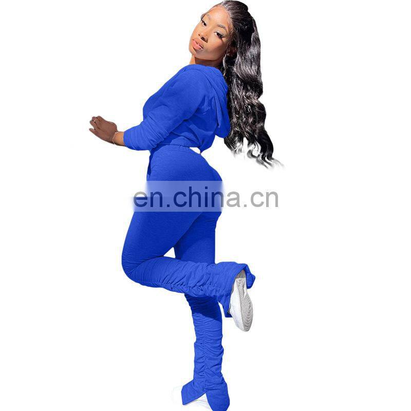 Wholesale custom women's suits Western style Solid color Sweater Folds Pocket jacket with hat Sports pants suit Hooded