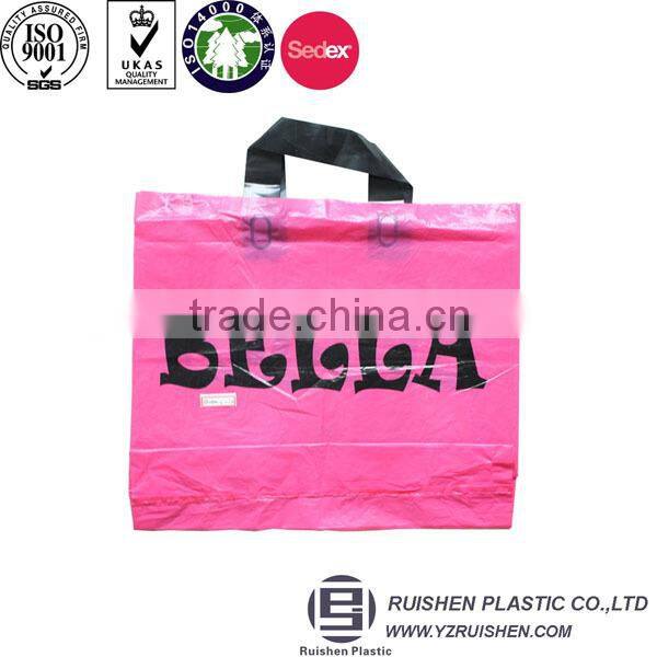 Biodegradable soft loop handle plastic bag with reinforced handle