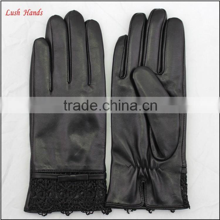 ladies sheepskin leather hand gloves with lace black