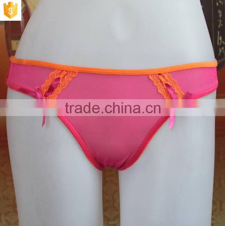 Satin bow sexy lace panty,pink women thong ubderwear
