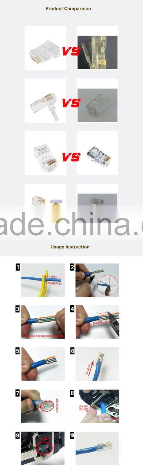 High Quality Cat5e Cat6 Cat7 RJ45 Connector For Stranded Solid Network Cable 8P8C Gold Plated RJ45