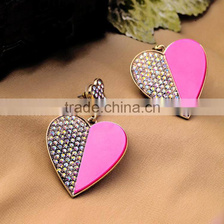 Exaggerated personality pave rhinestone crystal Lovely heart-shaped pendant earrings