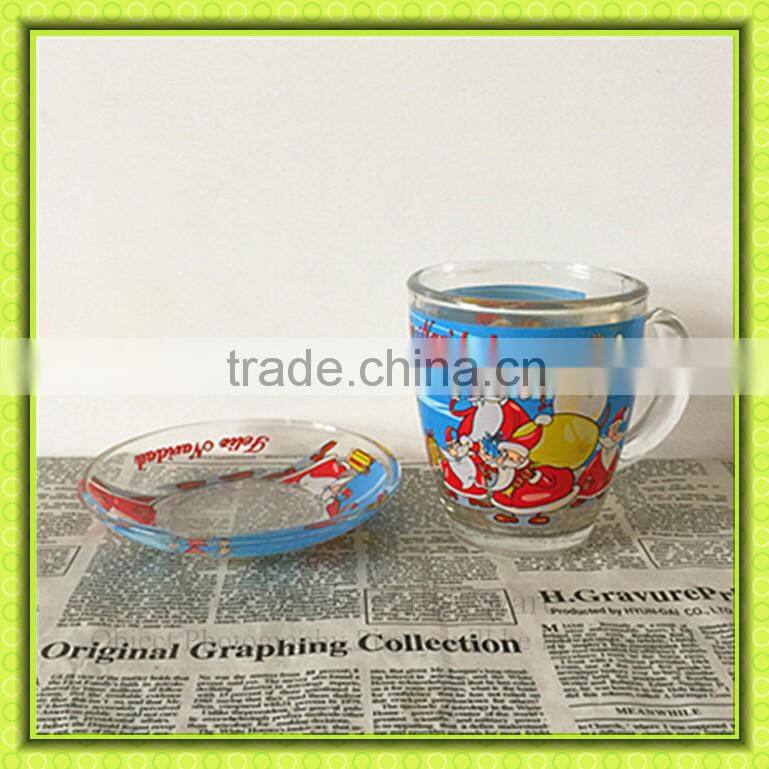 Eco-friendly glass coffee cup and saucer,glass mug with handle for Christmas,tableware