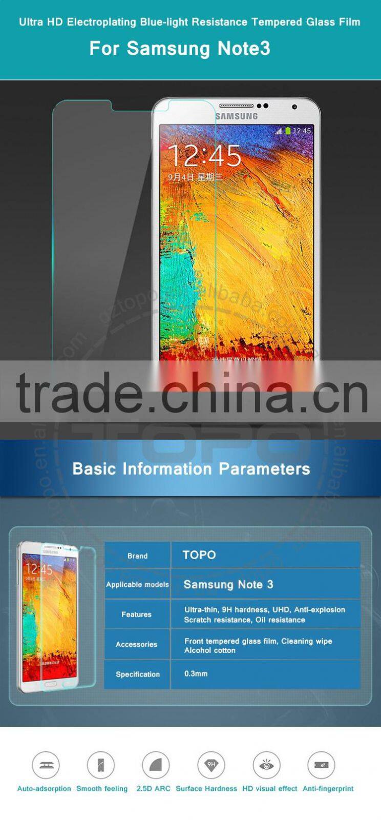 Arc edge Tempered Glass Screen Protector Film prevent scratches HD clear gold tempered glass For Samsung galaxy note3