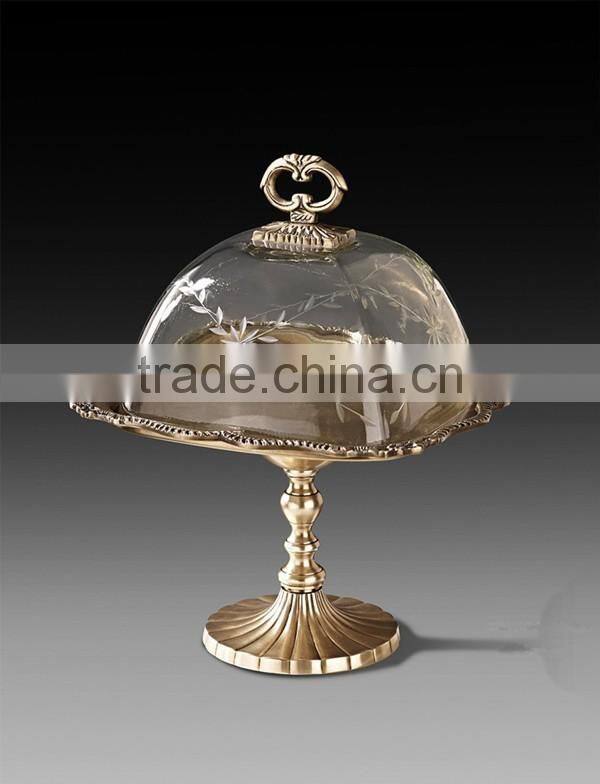 Antique Brass Round Cupcake Tray With Crackle Glass Cover, Ornamental Bronze Casting Dessert Tray holder For Tableware