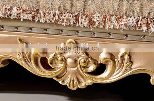 Luxury European style solid wood golden carving genuine leather back matching fabric seat living room corner sofa set