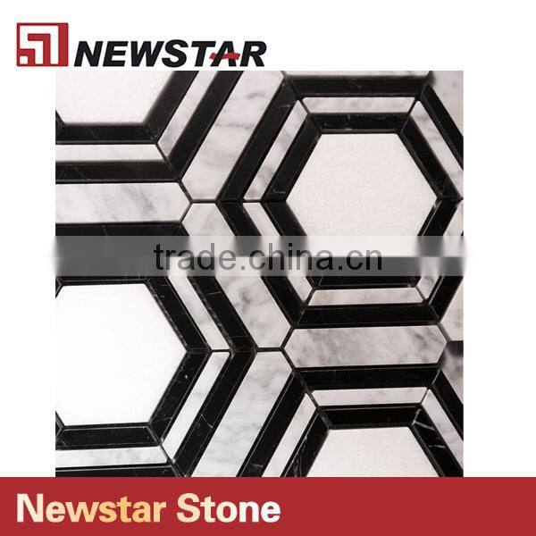 Newstar Polished Italian Black and White Marble Hexagon Mosaic Patterns Tile
