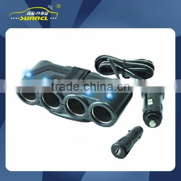 1 USB 3 Holes Female Car Cigarette Lighter Socket with Flexible Plug and LED Working Light