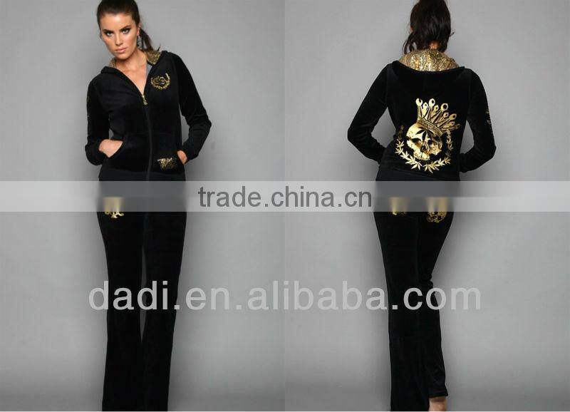 Ladies fashion hoodie printed velour set