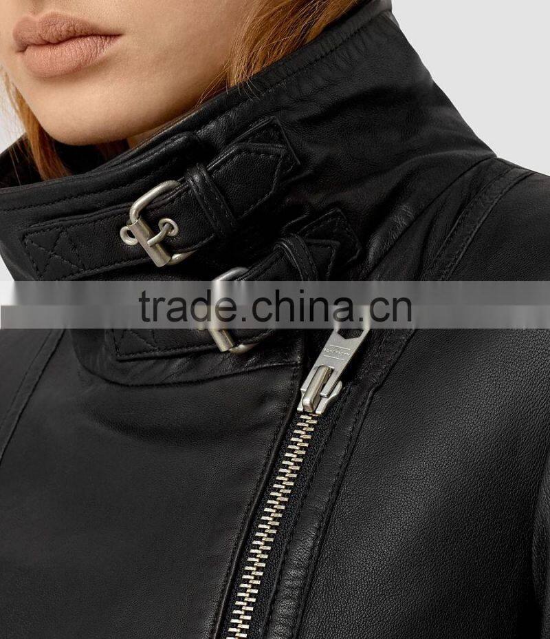 Fashion double buckle high collar asmmetric zip fastening faux PU leather winter biker jacket women