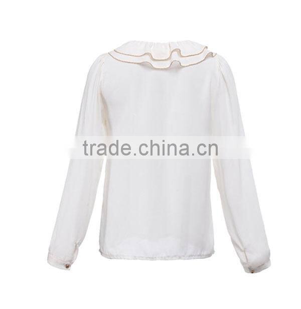 2014 fashion polyester long sleeves ruffle neck direct manufacturer high quality girls sleeveless blouse