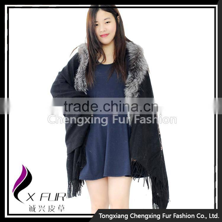 CX-B-P-51 High Quality Factory Price Fox Fur Trimmed Pashmina Special Cashmere Scarf