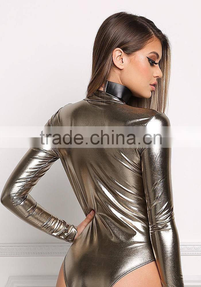 MGOO Custom Made Pewter Metallic Plunge Bodysuits Custom Long Sleeves V Neck Sexy PU Polyester Lycra Women Tops