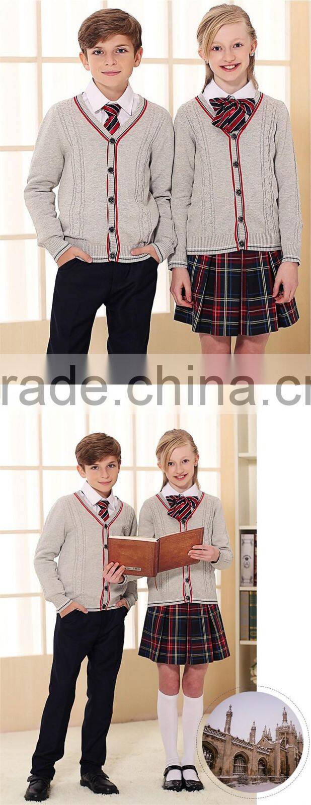 Latest grey custom unisex cardigan sweater school uniform design