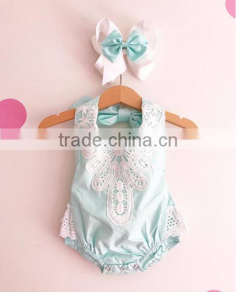 Boutique Flutter Sleeve Blue Girls Solid Color Cotton Jumpsuit Ruffle Baby Romper