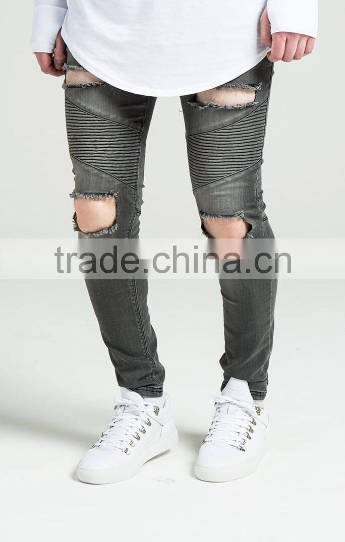 Latest design high quality men 's khaki denim men's strech biker big holes jeans made in china