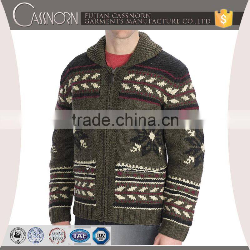 two-way front zip lambswool nordic jacquard chunky textured hand knit cardigan