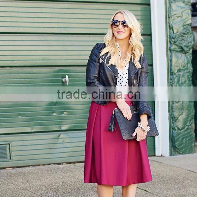100% Polyester pleated side pocket midi skirt wholesale women skirts outfit 2016