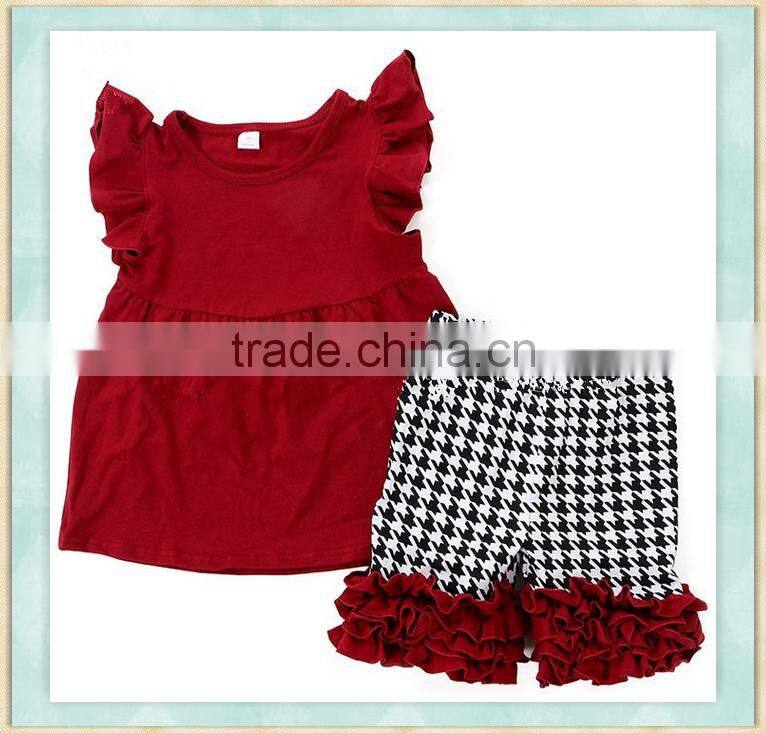 Wholesale baby clothes red flutter sleeve top and black and white squares capri pants children outfit