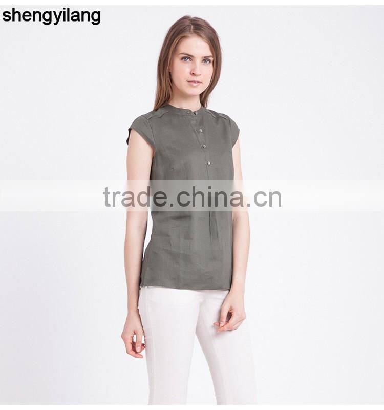 High quality blouse 100% linen shirts for women wholesale short-sleeved linen shirt in guangzhou