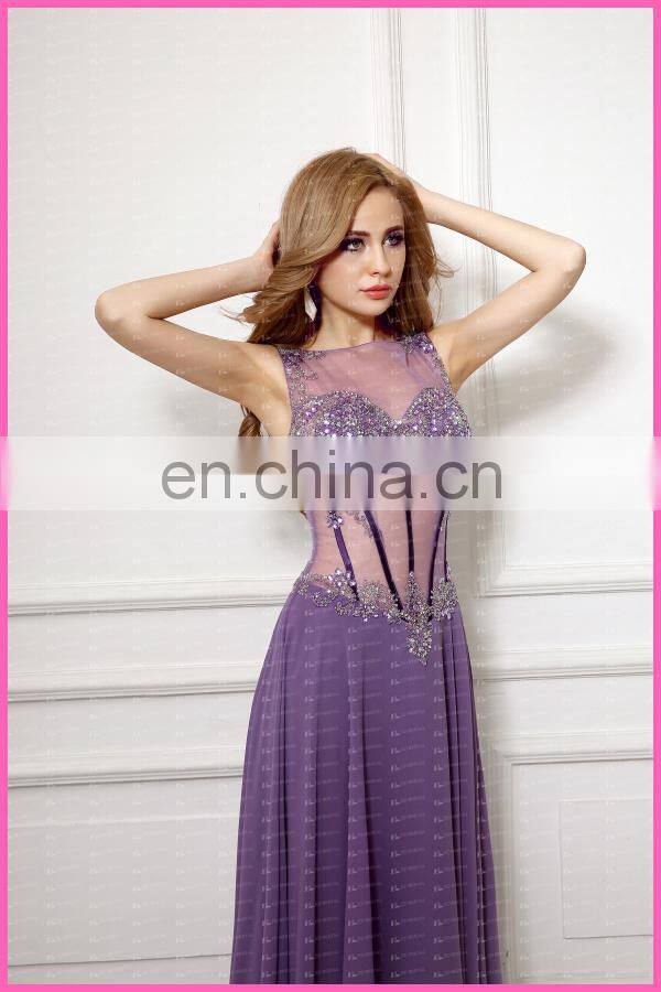 Real Photo Crystal Detailing Sexy See Through Bodice Chiffon Evening Dress Women
