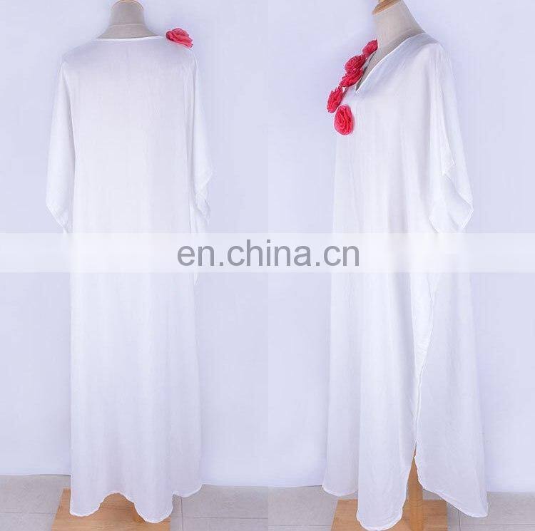 2019 Elegant Red Rose Appliques V-Neck Bats Sleeve Summer Beach Dress White Cotton Tunic Women Casual Long Robe Maxi Dress