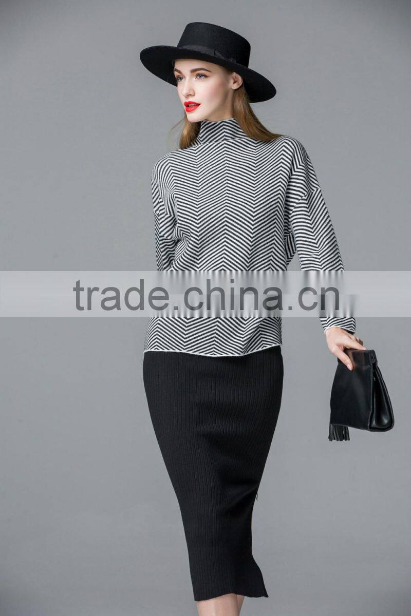 Special design strips pullover collar sexy knitwear knit sweater for Fashion leads