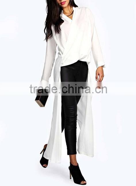 2015 china manufacturer customized ladies maxi length drape front shirt