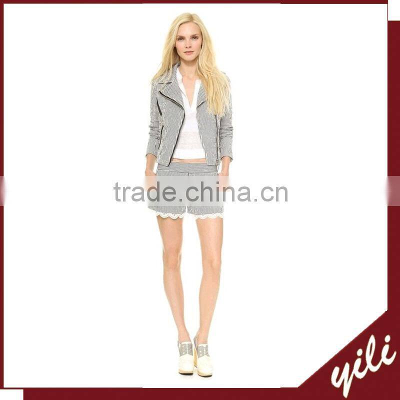 ladies stripes jean zipper crotch pants jogger pants with lace trim