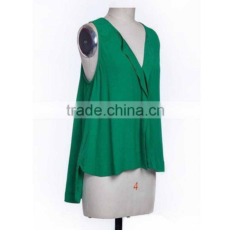Fashion Leisure style green color V-neck sleeveless lady blouse for summer