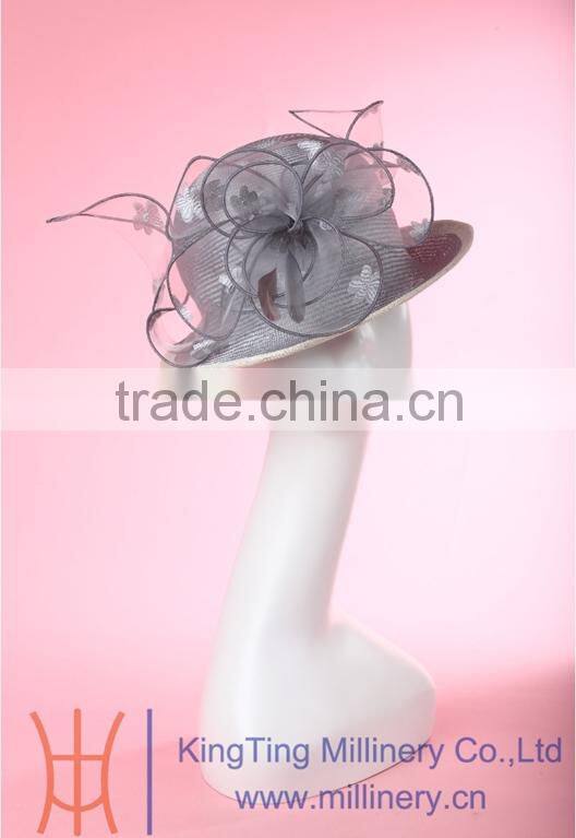 Womens Fancy Straw Hats Elegant Church Hat With Organza Flowers Trimming Onside