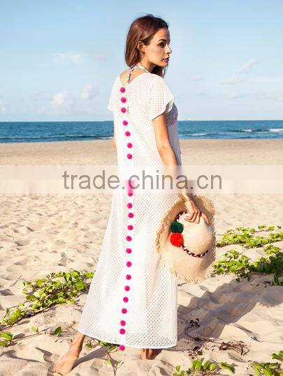 Dresses latest women girl design fashion photos White Pom-pom Decorated Short Sleeve long Dress