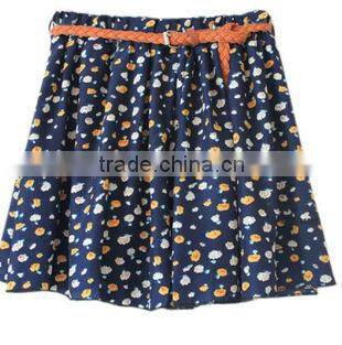 2015 cheap weave chiffon Girl leisure braid PU Belt floral Short dress