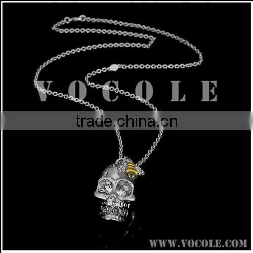 delicate skull design with zircons pendant long chain thin necklace