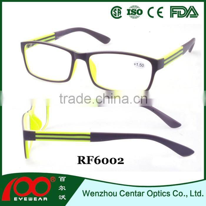 2016 New trendy Plastic reading glasses with double color and spring hinge