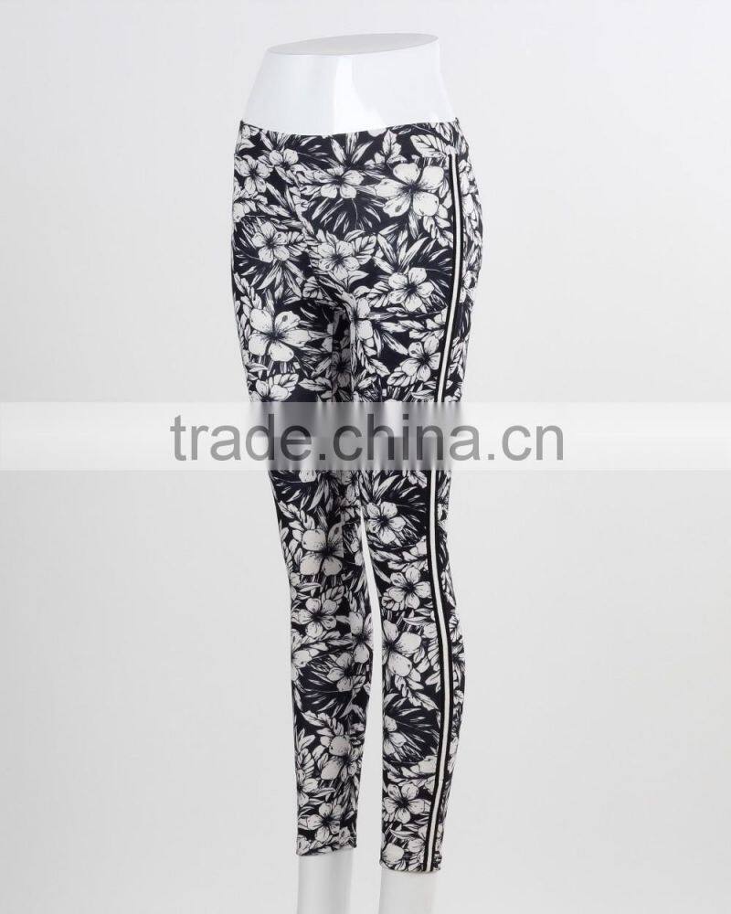 F5W30062 Monochrome Floral Printed Leggings Women Sportwear Pants
