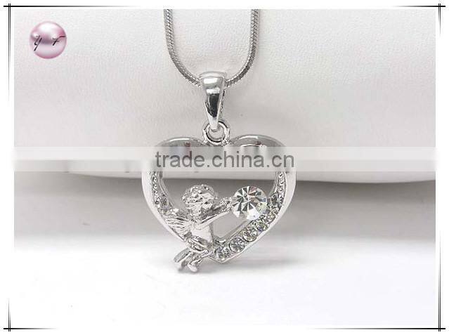 White gold plating crystal stud angel in heart pendant necklace