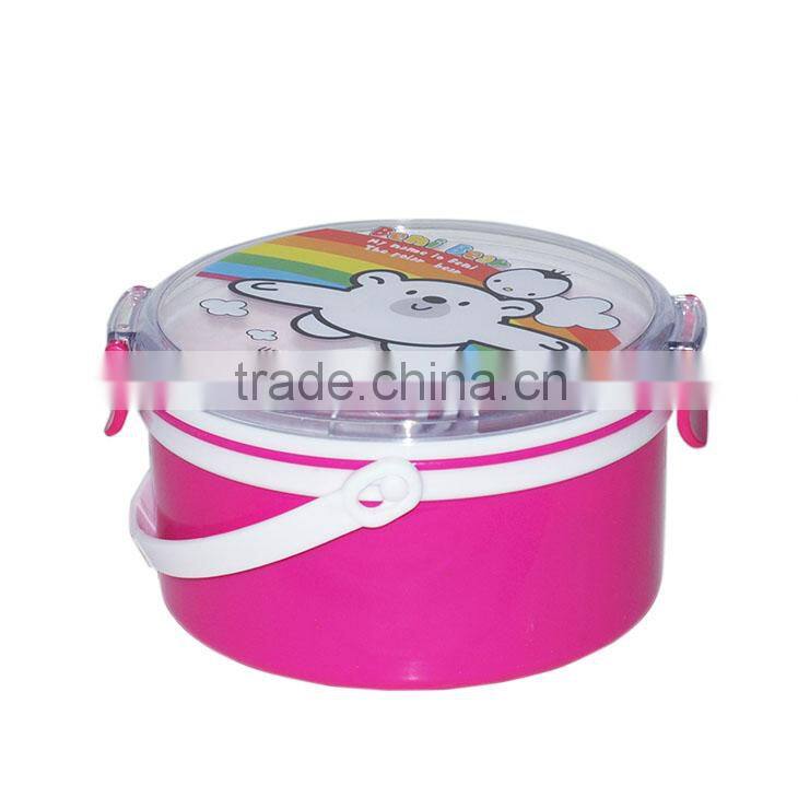 Clear round plastic food container with compartments and fork and spoon inside