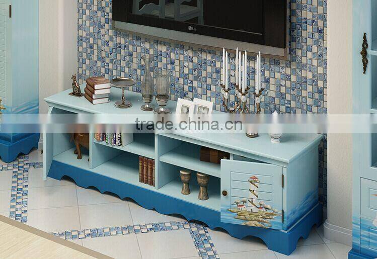Mediterranean Style TV Cabinet, Sailing Boat Handpainting TV Stand, Solid Wood Living Room TV Cabinet (BF01-X1156)
