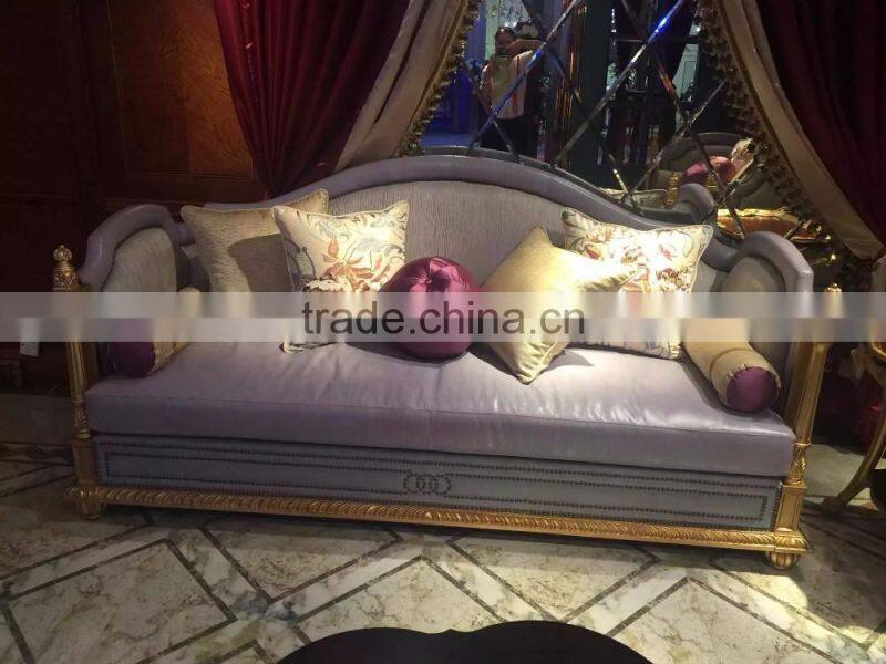 Luxury solid wood frame exquisite golden hand carving special light purple genuine leather living room sofa set