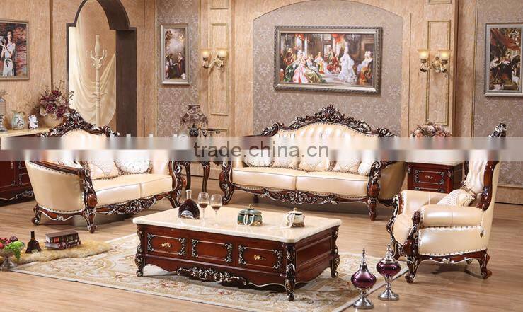 Neoclassical solid wood living room furniture genuine leather 1+2+3 sofa set