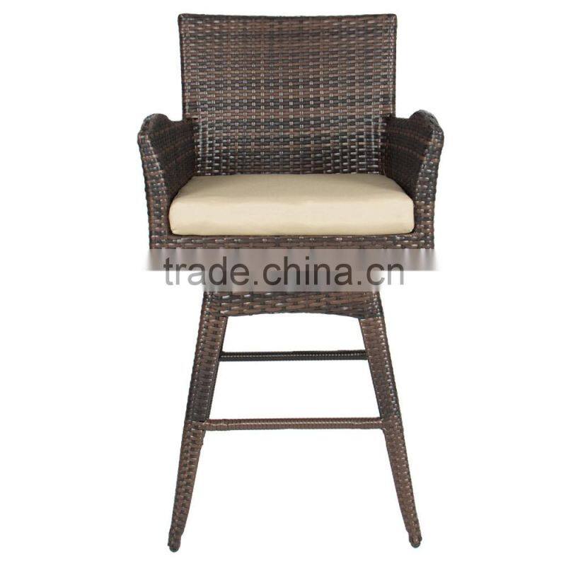 Outdoor Patio Furniture All-Weather Brown Wicker Swivel Bar Stool with Cushion