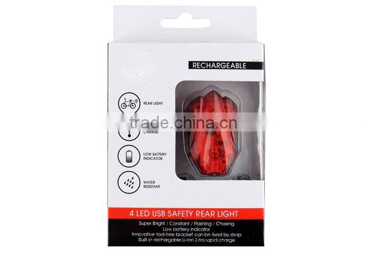 High quality waterproof bike light 4 LED USB safety bicycle rear light